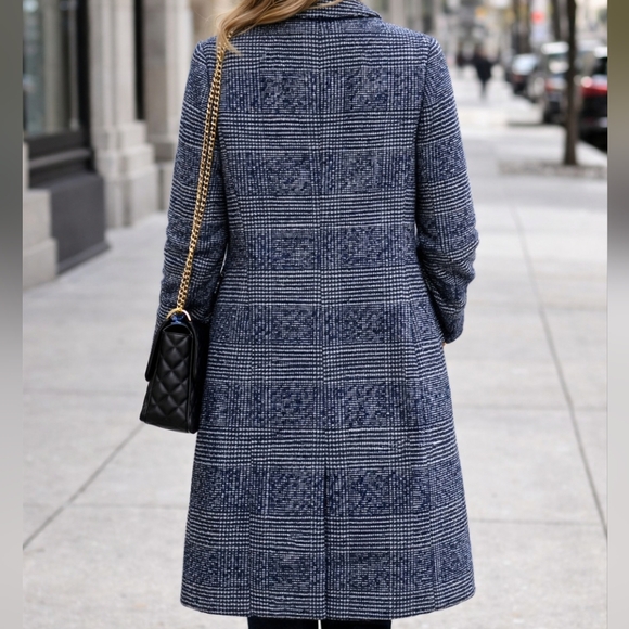 J.Crew Classic Preppy Winter Wool Blend Tailored Topcoat Navy Blue Plaid 2 - Picture 3 of 16